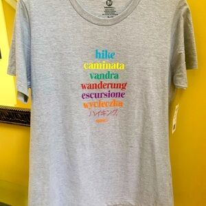 NWT Merrill woman's XL slim fit hike tee in Spanish, Italian, Swedish, Japanese